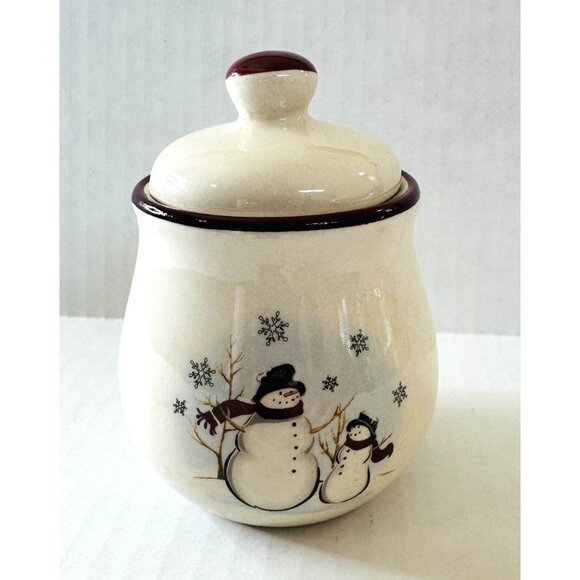 Royal Seasons Other - Royal Seasons Stoneware Sugar Bowl with Lid Snowman Snowflakes Christmas Holiday